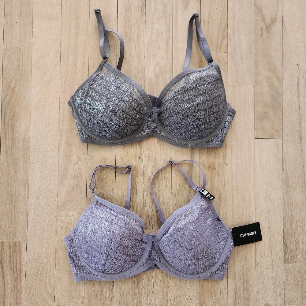 NWT Steve Madden Womens 36C Underwire Bra Set Shimmer Glitter Logo Lavender Gray
